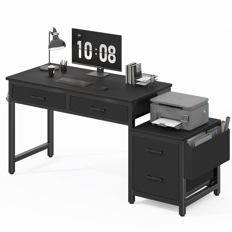Ebern Designs Black Home Office Desk With File Drawers Wayfair